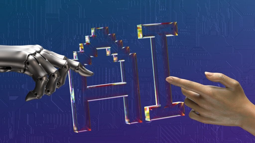 Robot and human hands reaching toward AI text, representing AI writing tools for content creators
