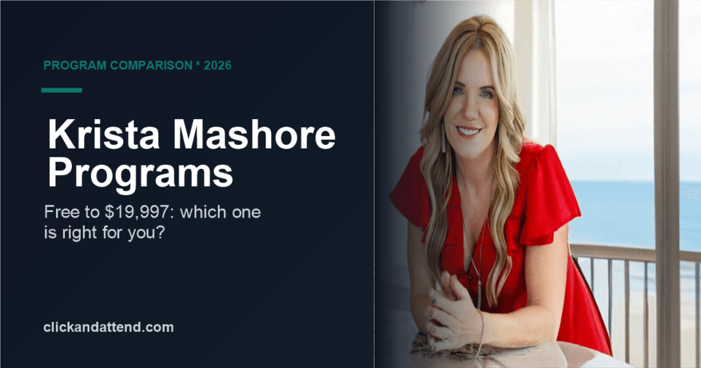 Krista Mashore programs compared 2026: free masterclass to Marketing Mastery