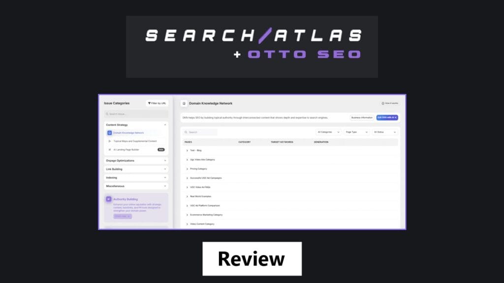 OTTO SEO review - Search Atlas AI agent dashboard with Domain Knowledge Network
