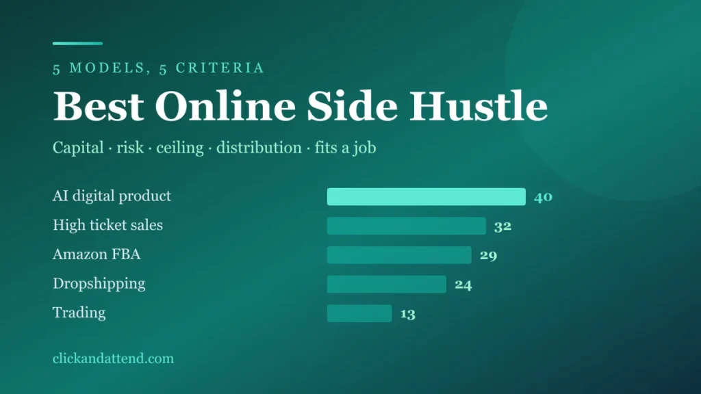 Best online side hustle scored on five criteria: AI digital product 40, high ticket sales 32, Amazon FBA 29, dropshipping 24, trading 13