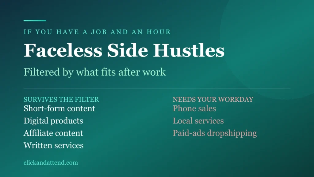Faceless side hustles filtered by what fits after work. Survives the filter: short-form content, digital products, affiliate content, written services. Needs your workday: phone sales, local services, paid-ads dropshipping.