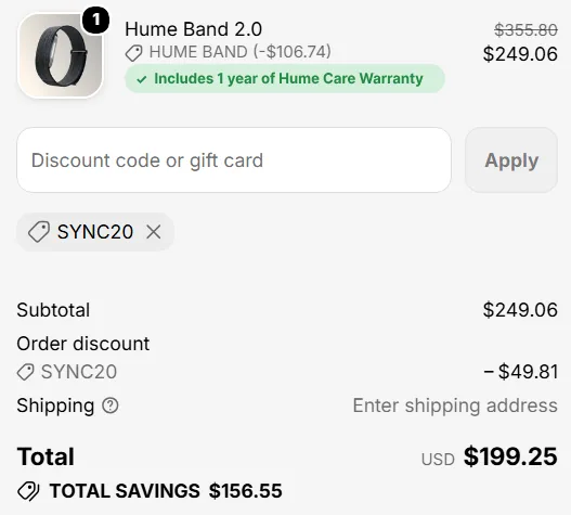 Hume Health checkout with SYNC20 code applied: $249.06 subtotal, $49.81 discount, $199.25 total