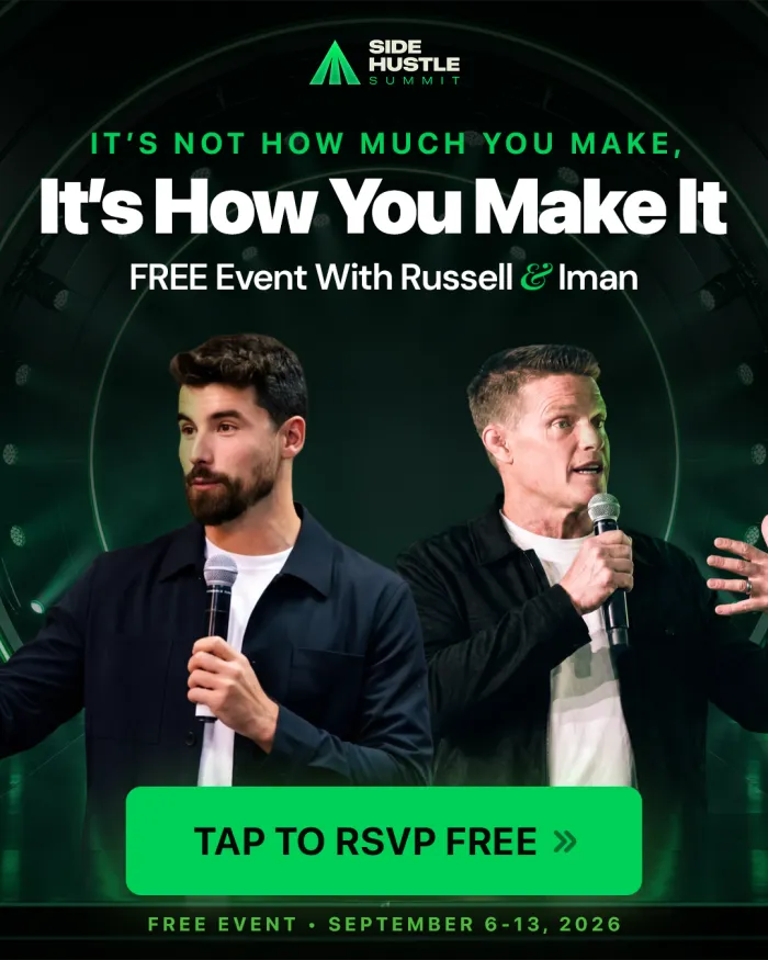 Official Side Hustle Summit promotional banner with hosts Russell Brunson and Iman Gadzhi