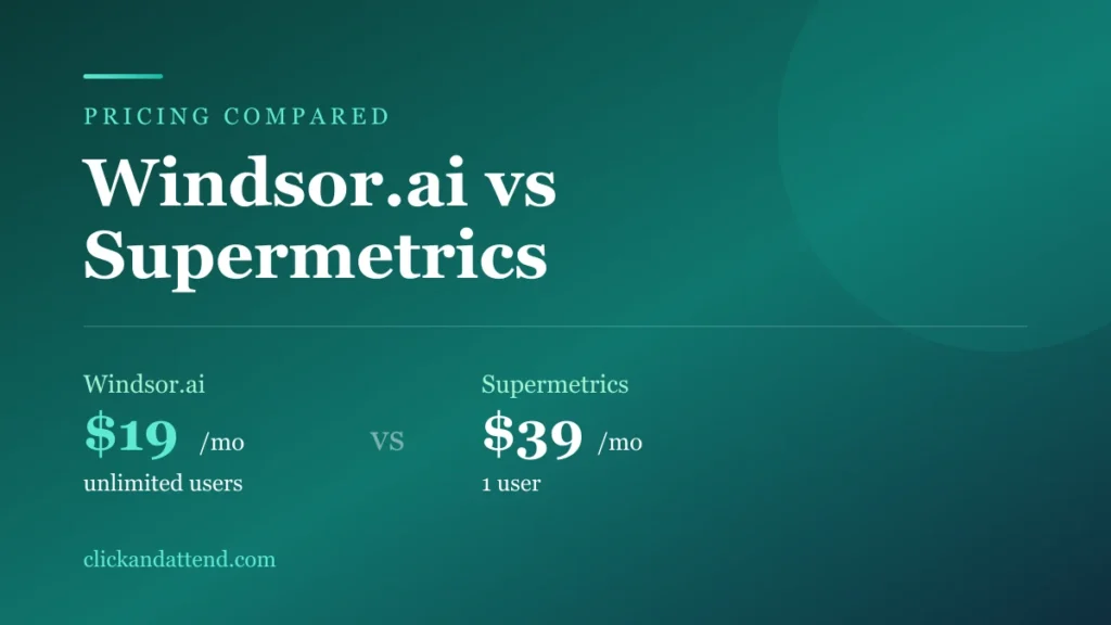 Windsor.ai vs Supermetrics pricing: $19 a month with unlimited users versus $39 a month with one user