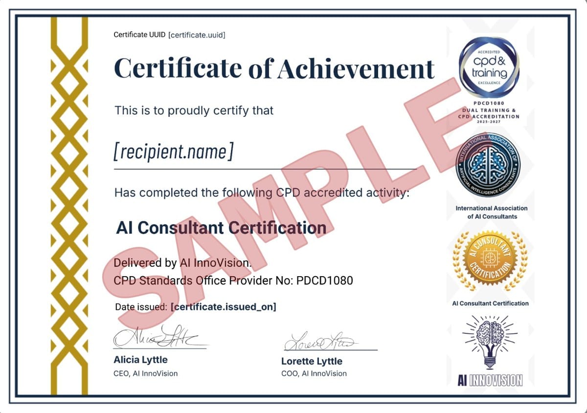 Sample AI InnoVision certification certificate of achievement (AI Consultant Certification) with CPD accreditation, Provider No. PDCD1080