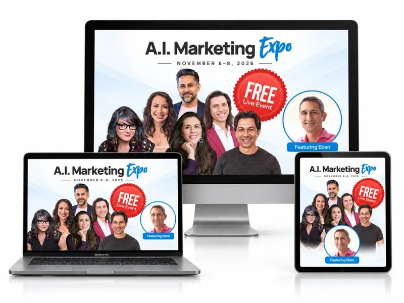 The A.I. Marketing Expo free live event shown on a computer, laptop, tablet and phone