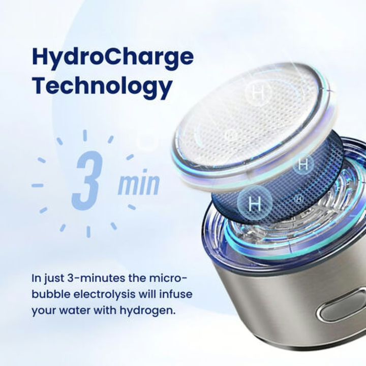 AquaFusion HydroCharge technology: micro-bubble electrolysis chamber in the base of the bottle, about 3 minutes per cycle according to the brand