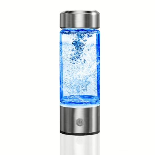 AquaFusion hydrogen water bottle with glass body, stainless steel lid and base chamber