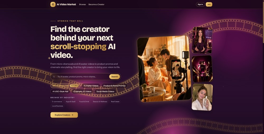 AI Video Market creator directory shown on the AI Micro Drama Ads Academy page, with micro-drama ads, AI avatar videos and product promos categories