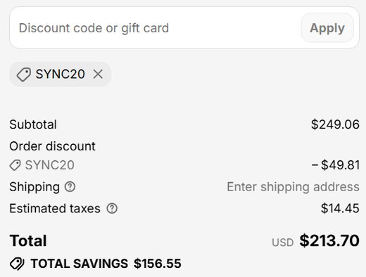 Hume Band 2.0 checkout with code SYNC20 applied: subtotal 249.06 dollars, discount 49.81 dollars, total savings 156.55 dollars
