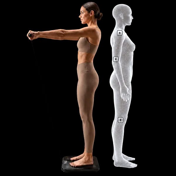 Hume Pod 2.0 segmental body scan concept: a person standing on the scale with arms, legs and trunk mapped