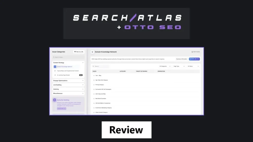 OTTO SEO review - Search Atlas AI agent dashboard with Domain Knowledge Network