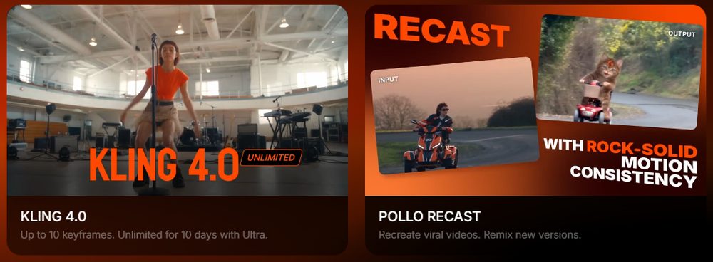 Pollo AI home page tiles for Kling 4.0 and Pollo Recast, which recreates viral videos with new characters