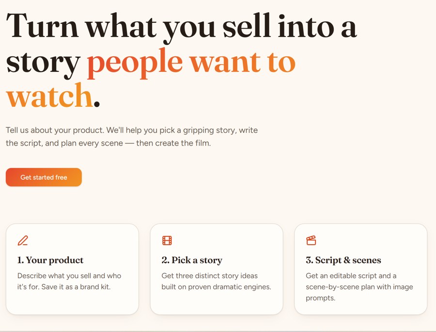 The Story Spark app from the AI Micro Drama Ads Academy: describe your product, pick a story, get a script and scene plan