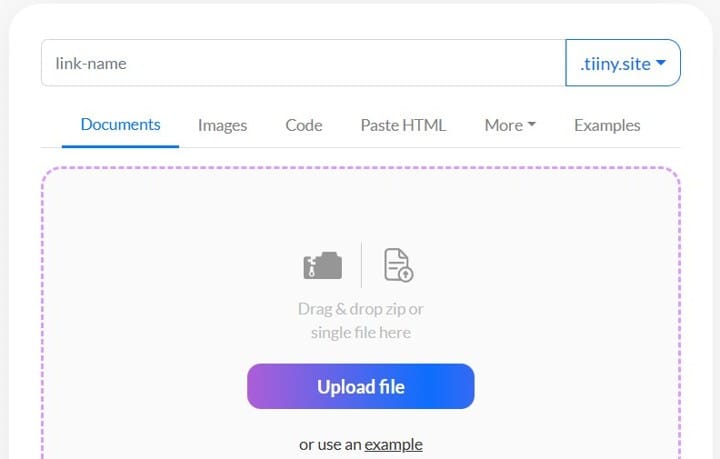 Tiiny.host upload box: drag and drop a ZIP or single file, choose a link name on .tiiny.site