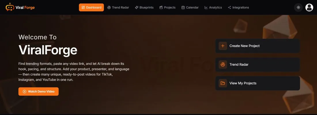 ViralForge dashboard: find trending formats, paste any video link and create many ready-to-post videos for TikTok, Instagram and YouTube