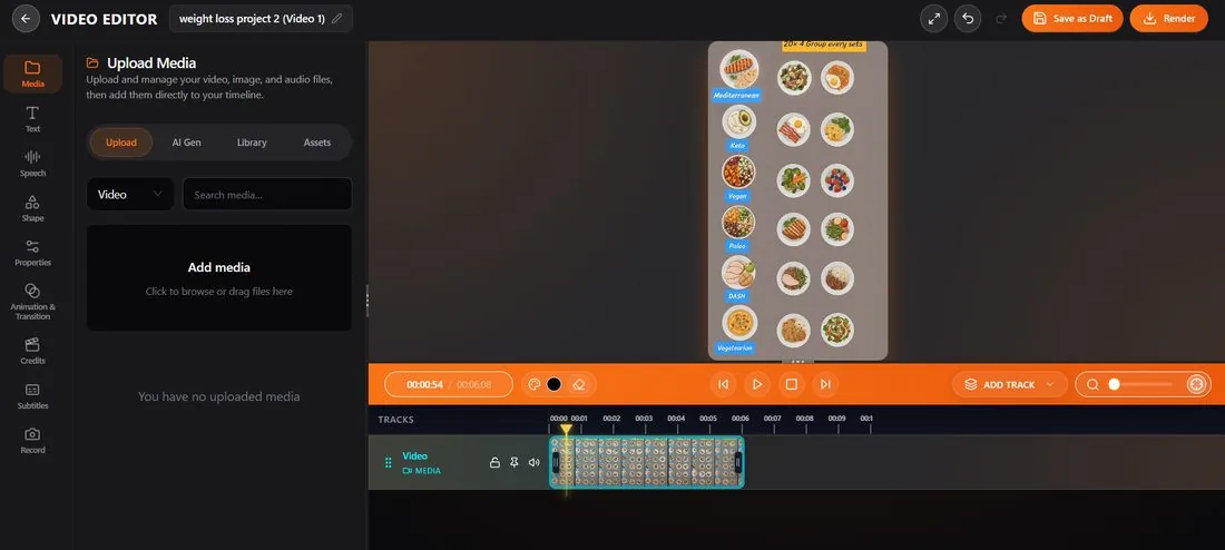 ViralForge video editor with media, text, speech, subtitles and a multi-clip timeline
